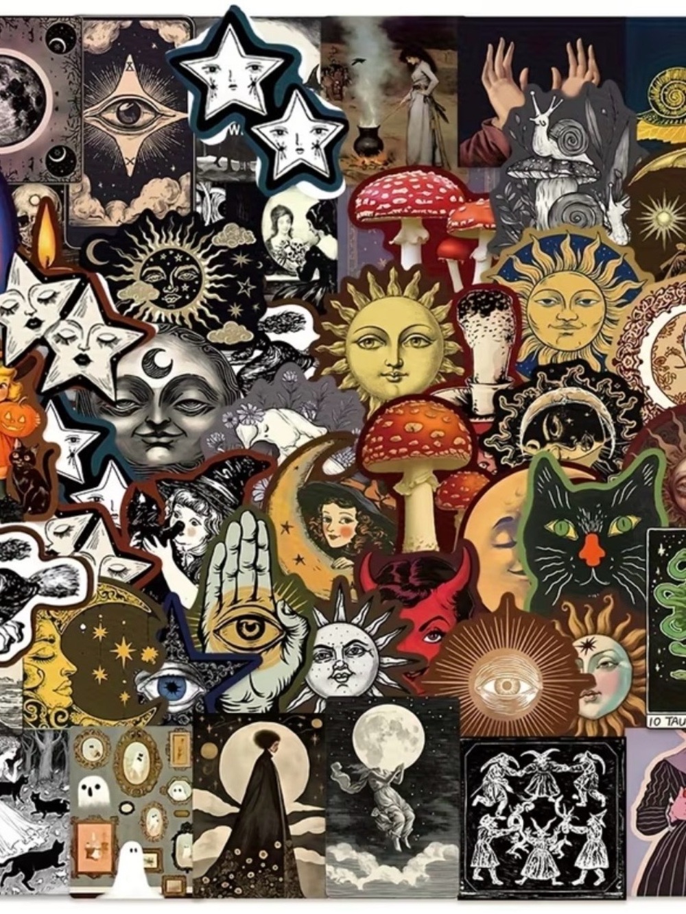 50 Mysterious Universe Stickers Sun, Moon, Stars, Mushrooms, Cats Cosmic